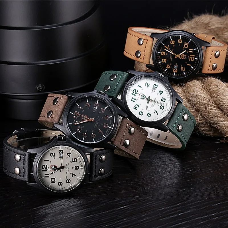 Hot Sales Men Sports Watch Casual Wristwatch Date Calendar Quartz Leather Strap Watches Fashion Clock Out-door Business Quartz Analog Male Watch Wrist Watch Valentines Gift