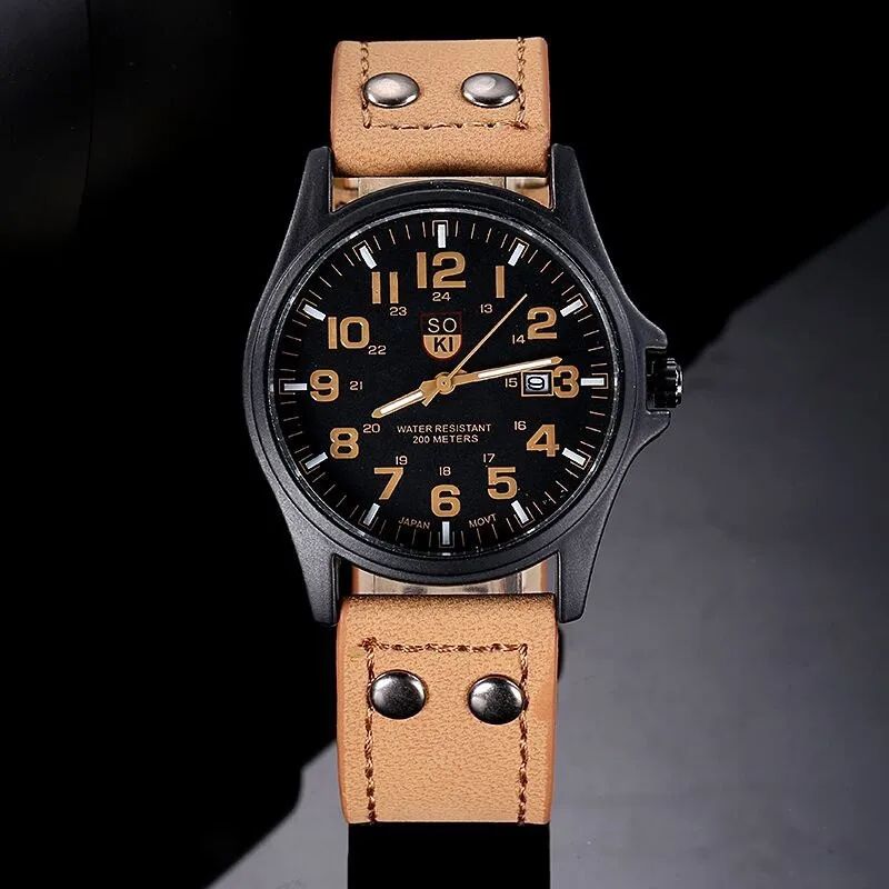 Hot Sales Men Sports Watch Casual Wristwatch Date Calendar Quartz Leather Strap Watches Fashion Clock Out-door Business Quartz Analog Male Watch Wrist Watch Valentines Gift