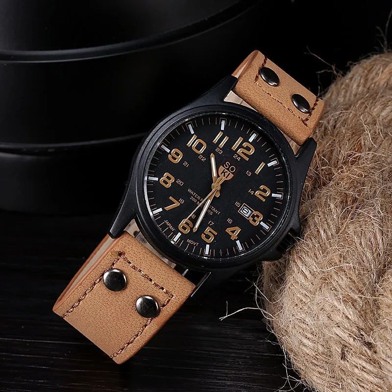 Hot Sales Men Sports Watch Casual Wristwatch Date Calendar Quartz Leather Strap Watches Fashion Clock Out-door Business Quartz Analog Male Watch Wrist Watch Valentines Gift