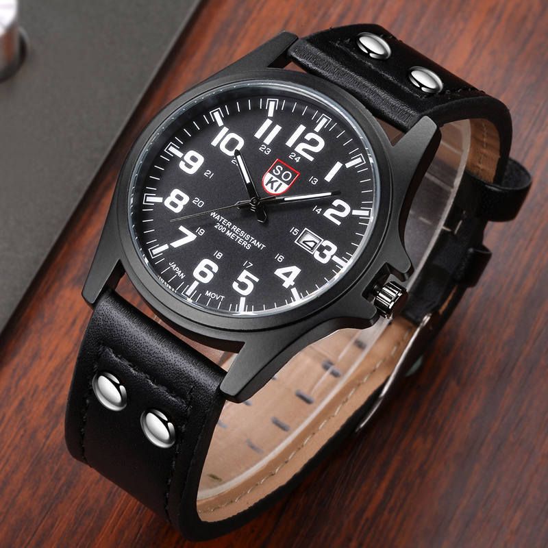 Hot Sales Men Sports Watch Casual Wristwatch Date Calendar Quartz Leather Strap Watches Fashion Clock Out-door Business Quartz Analog Male Watch Wrist Watch Valentines Gift