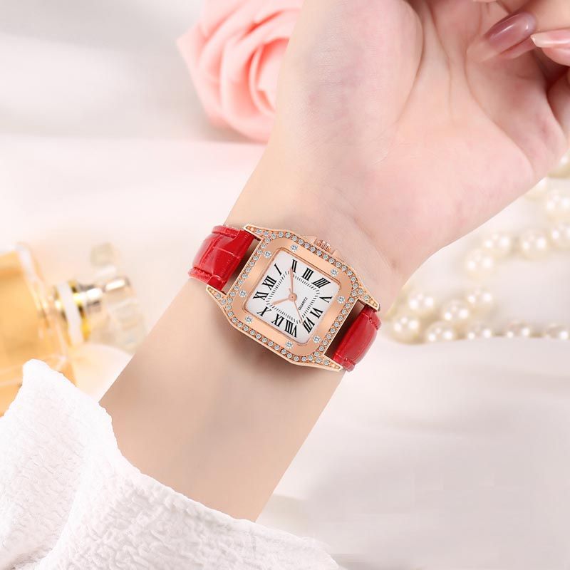 Women Diamond Watch Starry Square Dial Bracelet Watches Set Ladies Leather Band Quartz Wristwatch Female Clock Jewelry Gifts With Rhinestone Valentines Gift Couple Watches