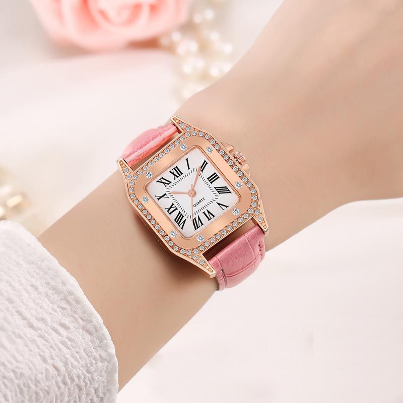 Women Diamond Watch Starry Square Dial Bracelet Watches Set Ladies Leather Band Quartz Wristwatch Female Clock Jewelry Gifts With Rhinestone Valentines Gift Couple Watches