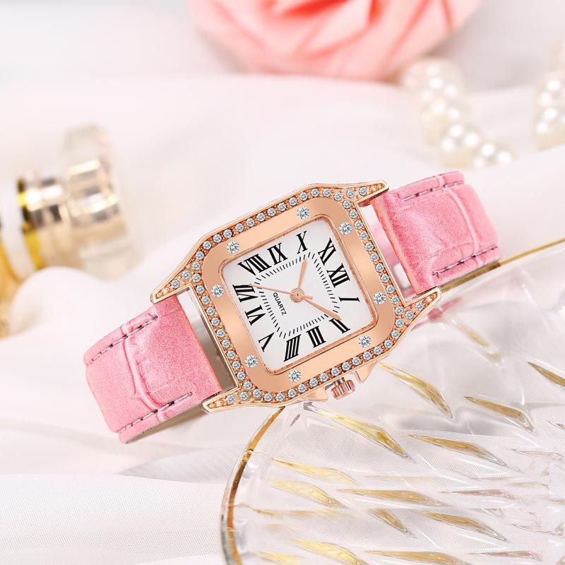 Women Diamond Watch Starry Square Dial Bracelet Watches Set Ladies Leather Band Quartz Wristwatch Female Clock Jewelry Gifts With Rhinestone Valentines Gift Couple Watches