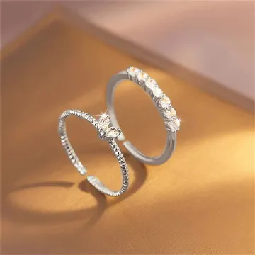 2pcs Luxury Zircon Heart Rings Set For Women Opening Adjustable Weave Rhinestone Ring Engagement Wedding Jewelry Fashion Girlfriend Gifts Wedding Jewellery Party Jewelry Silver,One Size