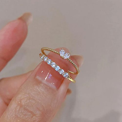 2pcs Luxury Zircon Heart Rings Set For Women Opening Adjustable Weave Rhinestone Ring Engagement Wedding Jewelry Fashion Girlfriend Gifts Wedding Jewellery Party Jewelry Gold,One Size