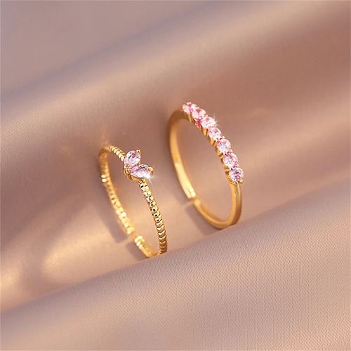 2pcs Luxury Zircon Heart Rings Set For Women Opening Adjustable Weave Rhinestone Ring Engagement Wedding Jewelry Fashion Girlfriend Gifts Wedding Jewellery Party Jewelry Gold A,One Size