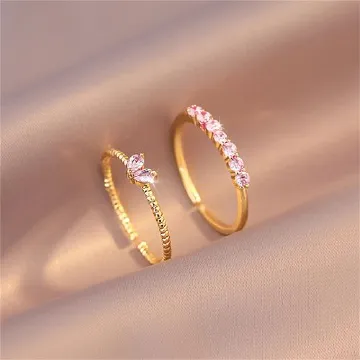 2pcs Luxury Zircon Heart Rings Set For Women Opening Adjustable Weave Rhinestone Ring Engagement Wedding Jewelry Fashion Girlfriend Gifts Wedding Jewellery Party Jewelry Gold A,One Size