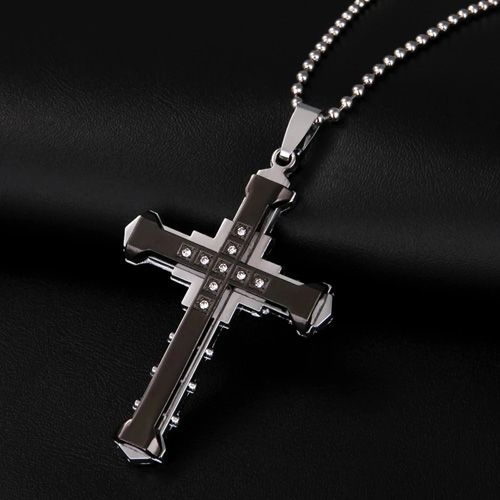 2024 New Male Crystal Cross Jesus Pendant Gold/Black/Blue Color Zirconia Necklace Stainless Steel Jewelry