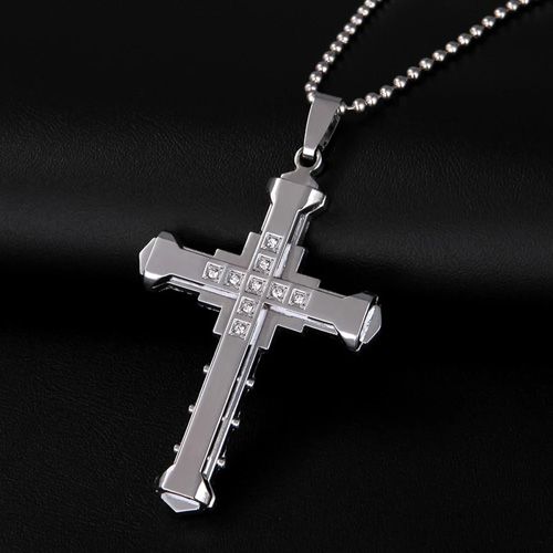 2024 New Male Crystal Cross Jesus Pendant Gold/Black/Blue Color Zirconia Necklace Stainless Steel Jewelry