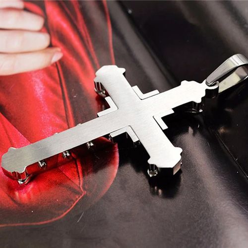 2024 New Male Crystal Cross Jesus Pendant Gold/Black/Blue Color Zirconia Necklace Stainless Steel Jewelry