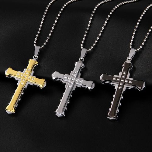 2024 New Male Crystal Cross Jesus Pendant Gold/Black/Blue Color Zirconia Necklace Stainless Steel Jewelry