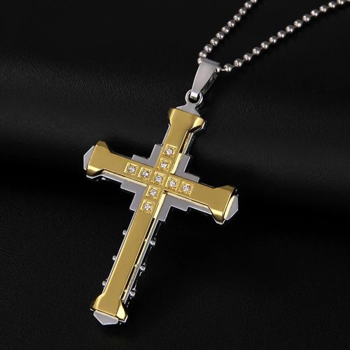 2024 New Male Crystal Cross Jesus Pendant Gold/Black/Blue Color Zirconia Necklace Stainless Steel Jewelry