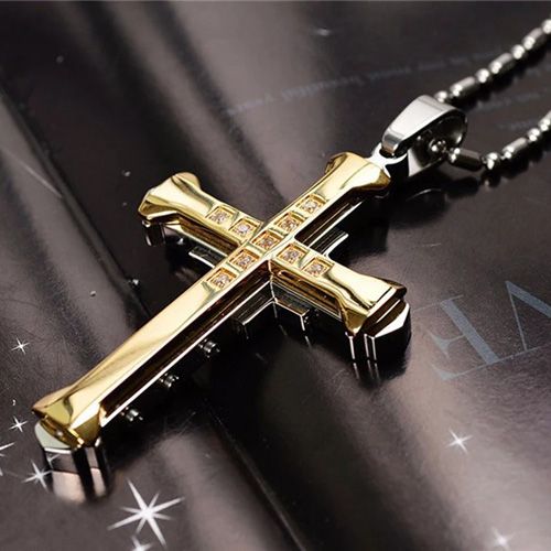 2024 New Male Crystal Cross Jesus Pendant Gold/Black/Blue Color Zirconia Necklace Stainless Steel Jewelry