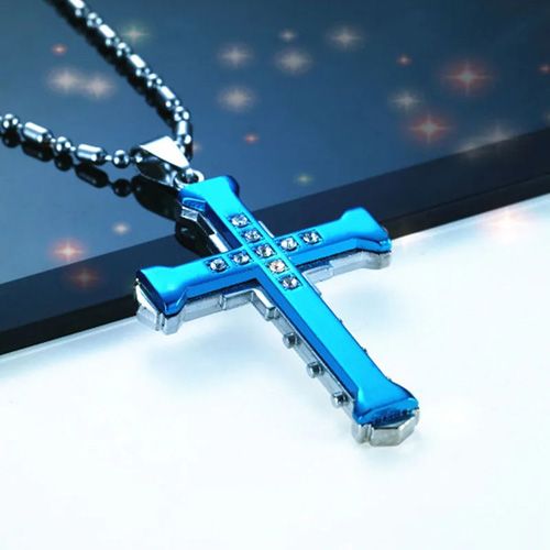 2024 New Male Crystal Cross Jesus Pendant Gold/Black/Blue Color Zirconia Necklace Stainless Steel Jewelry