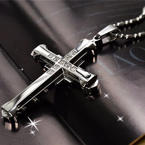 2024 New Male Crystal Cross Jesus Pendant Gold/Black/Blue Color Zirconia Necklace Stainless Steel Jewelry