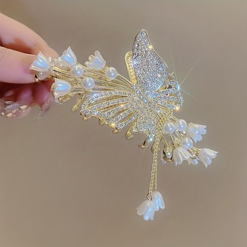 1pc Girl's Cool Flower Butterfly Rhinestone Faux Pearl Tassel High-quality Large Hair Clip, Zinc Alloy Fairy Girl's Hair Accessories, Ideal choice for Gifts