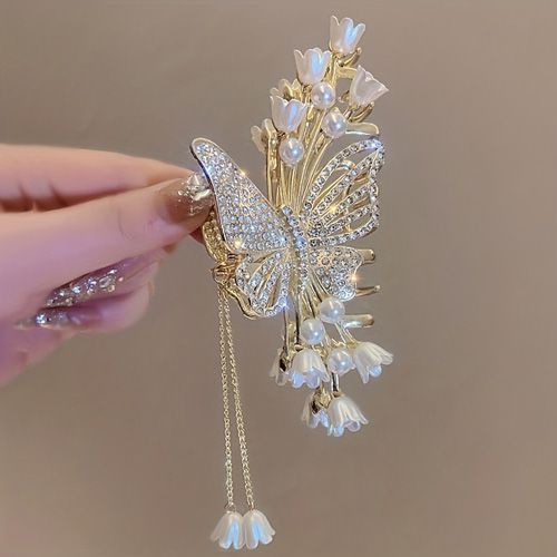 1pc Girl's Cool Flower Butterfly Rhinestone Faux Pearl Tassel High-quality Large Hair Clip, Zinc Alloy Fairy Girl's Hair Accessories, Ideal choice for Gifts
