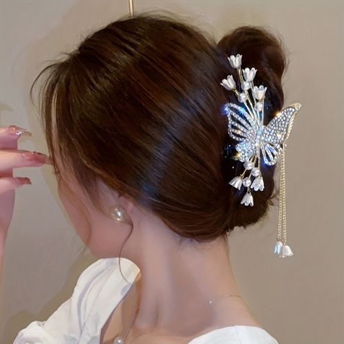 1pc Girl's Cool Flower Butterfly Rhinestone Faux Pearl Tassel High-quality Large Hair Clip, Zinc Alloy Fairy Girl's Hair Accessories, Ideal choice for Gifts