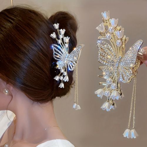 1pc Girl's Cool Flower Butterfly Rhinestone Faux Pearl Tassel High-quality Large Hair Clip, Zinc Alloy Fairy Girl's Hair Accessories, Ideal choice for Gifts