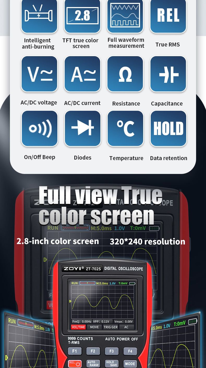 ZOYI ZT702S Digital Multimeter Auto True RMS Tranistor Probe Multimetro Meter 48M/S 10MHZ PC Waveform Data Storage Oscilloscope