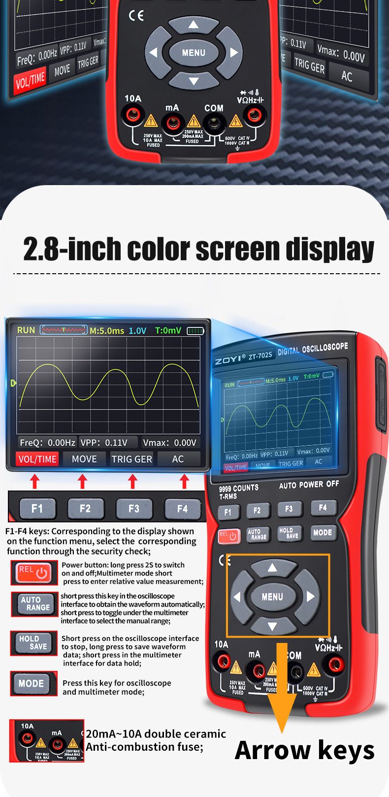 ZOYI ZT702S Digital Multimeter Auto True RMS Tranistor Probe Multimetro Meter 48M/S 10MHZ PC Waveform Data Storage Oscilloscope