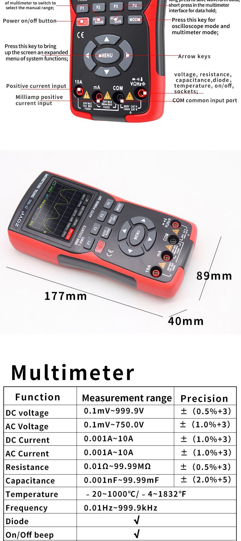 ZOYI ZT702S Digital Multimeter Auto True RMS Tranistor Probe Multimetro Meter 48M/S 10MHZ PC Waveform Data Storage Oscilloscope