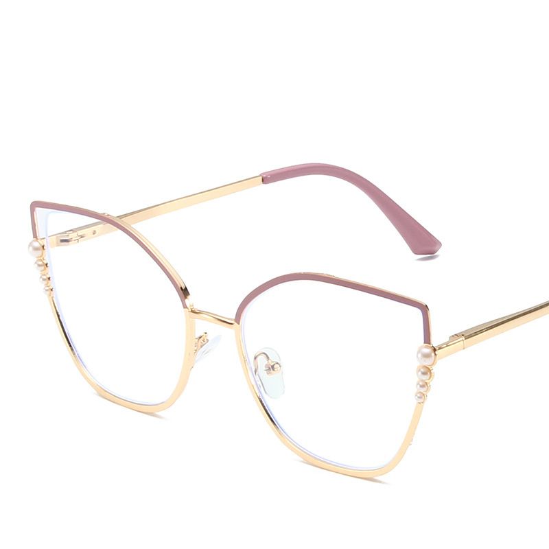 Metal Cat Eye Glasses Women Anti-Blue Light Eyewear New Fashion Polygon Ultra Light TR90 Transparent Optical Pearl Eyeglasses