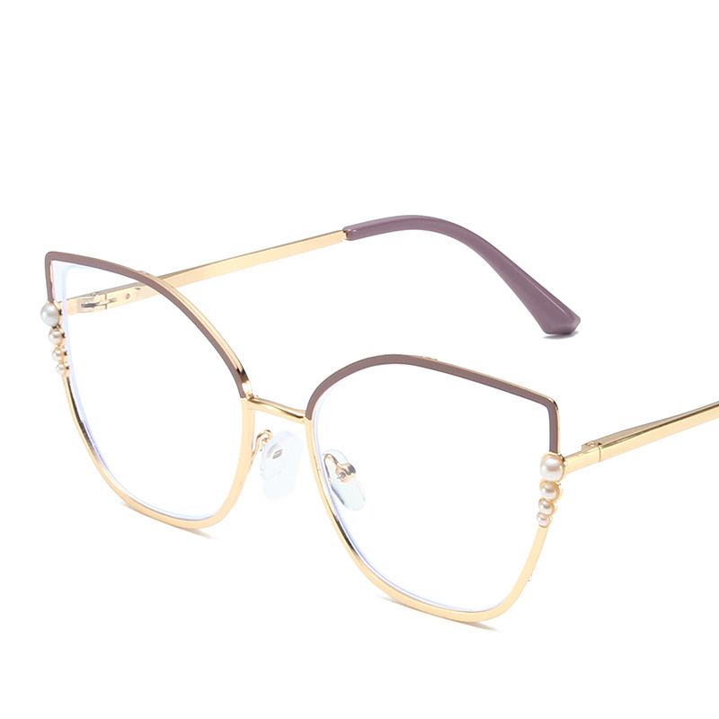 Metal Cat Eye Glasses Women Anti-Blue Light Eyewear New Fashion Polygon Ultra Light TR90 Transparent Optical Pearl Eyeglasses