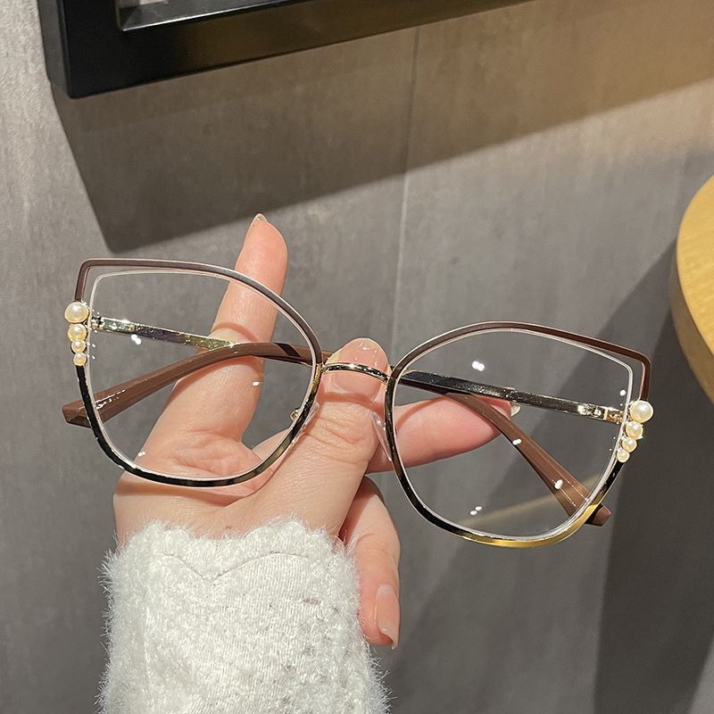 Metal Cat Eye Glasses Women Anti-Blue Light Eyewear New Fashion Polygon Ultra Light TR90 Transparent Optical Pearl Eyeglasses