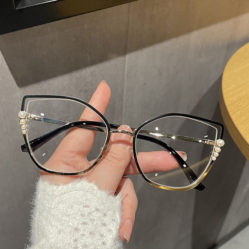 Metal Cat Eye Glasses Women Anti-Blue Light Eyewear New Fashion Polygon Ultra Light TR90 Transparent Optical Pearl Eyeglasses