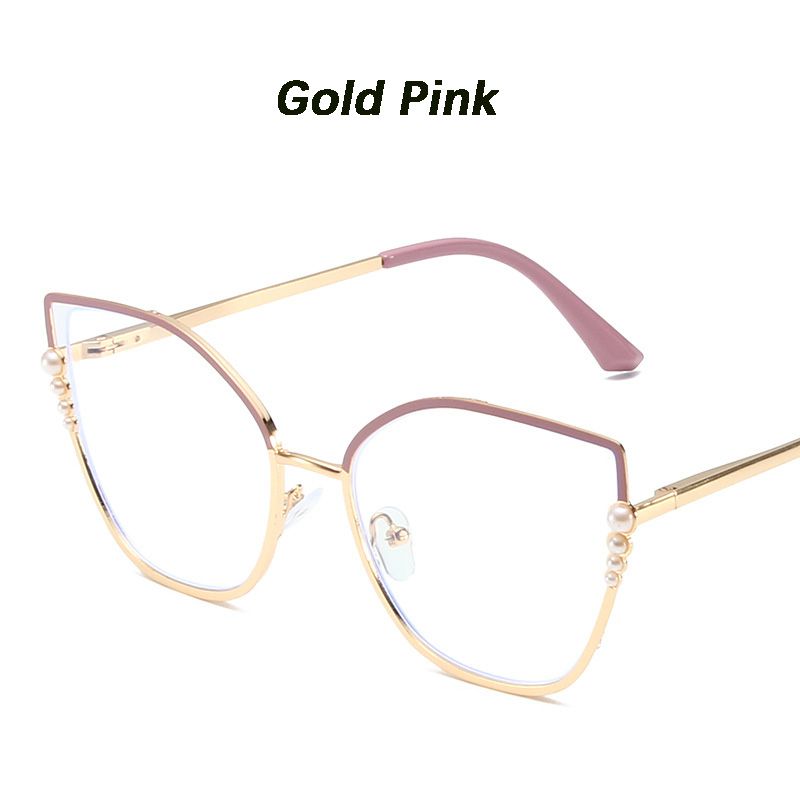 Metal Cat Eye Glasses Women Anti-Blue Light Eyewear New Fashion Polygon Ultra Light TR90 Transparent Optical Pearl Eyeglasses