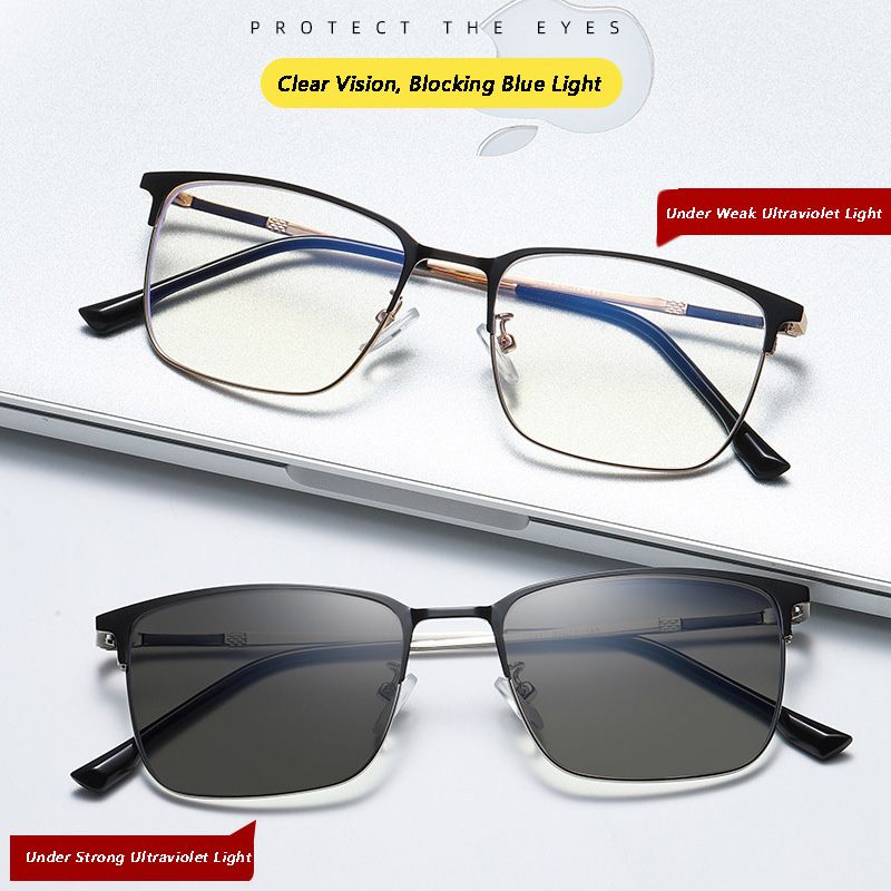 Fashion Big Square Metal Frame Men Photochromic Glasses Anti-Blue Light Color Change Glasses Women Men Eye Protection Spectacles