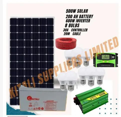 500W Complete Solar Power Kit with 200Ah Battery, 600W Inverter, 30A Charge Controller, 10m Cable & 8 Energy-Saving Bulbs – Reliable Off-Grid Power Solution for Home, Shop & Office