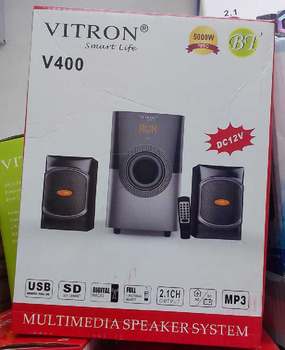 Vitron V400 2.1Ch Bluetooth Speaker System 2.1Ch Multimedia Speaker System AC/DC/BT – V400
Power output: 15W+10Wx2
Frequency response: 35Hz-20KHz
Distortion: ≤05% (1k,1w)
S/N ≥68dB 
Separation:≥45dB
P