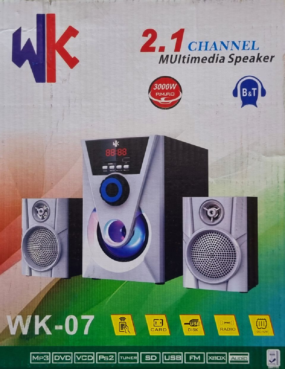 WK 2.1CH HOME THEATER SPEAKER SYSTEM -3000WAmazing Sound
Super Bass surround
High-tech Multimedia
Aux/FM ready
USB Support
3000W PMPO
Bluetooth