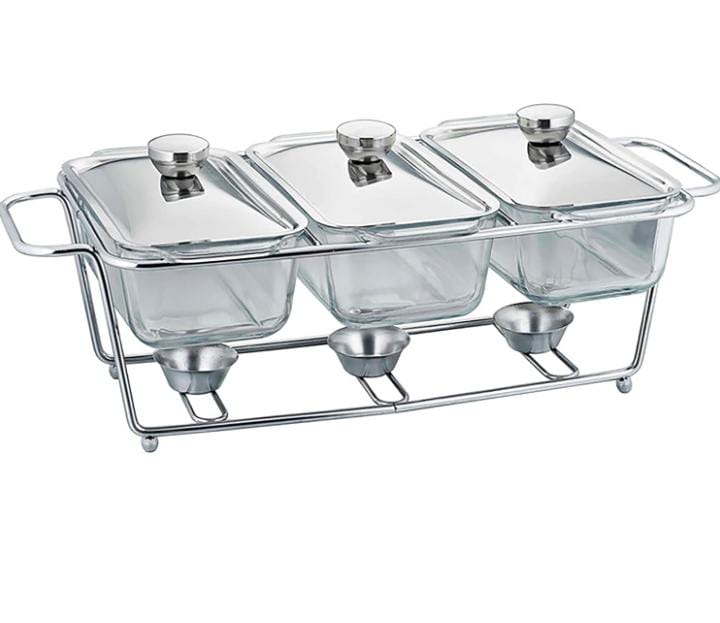 CHAFFING DISH 3PC RECTANGLE  GLASS AND STEEL A chafing dish is used to keep food that is already cooked warm. Helps to keep the food hygienic and safe, freshness is not the only thing you can enjoy by