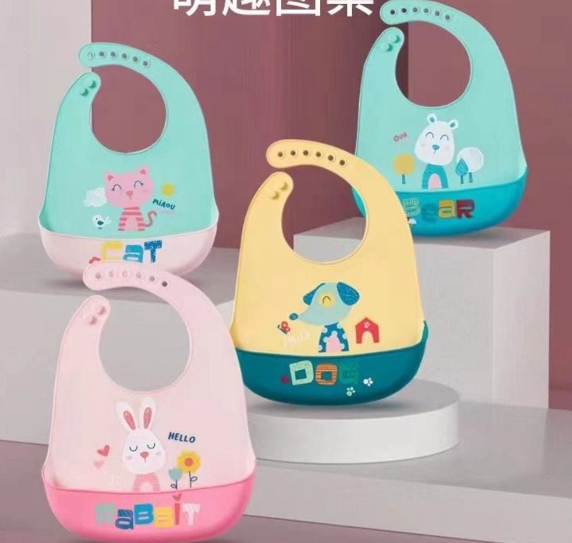 Stylish Silicon Waterproof Baby Bip / FeederWaterproof Soft Baby Silicone Bibs Cute Cartoon Printed Kids Girl Boy Adjustable Children Bib Baby Lunch Feeding Stuff.