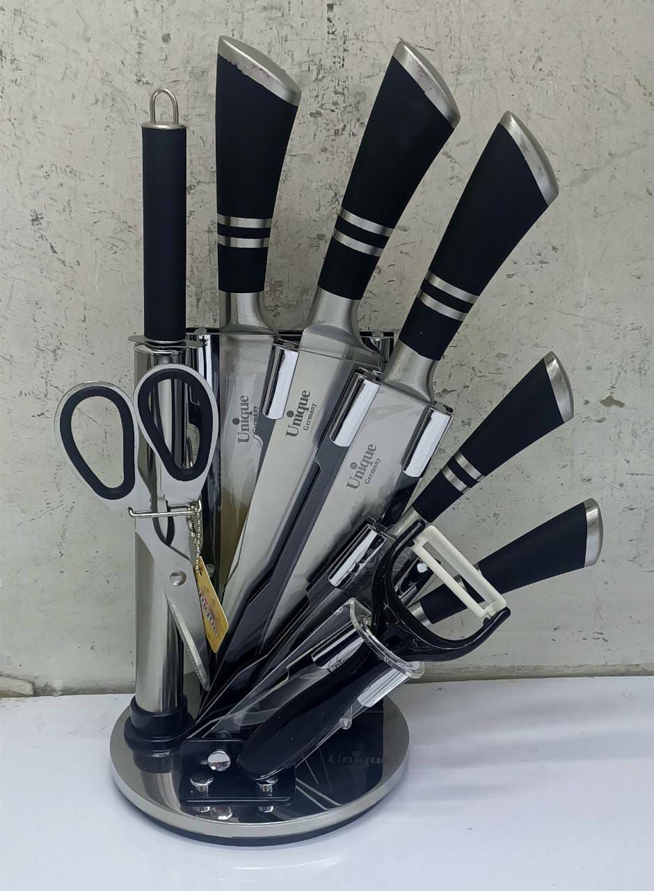 Unique knife Set  This knife set includes chopping knife, chef knife, slicer etc. The stainless steel kitchen knives are resistant to corrosion, durable in use. These knives will do wonders for your l