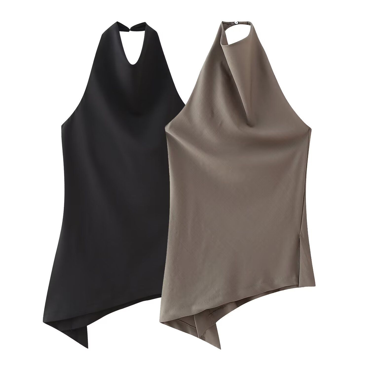 Women Fashion Two Piece Set Brown Pleated Halter Neck Tops & Straight Pants Vintage Female Chic Lady Pants Suit