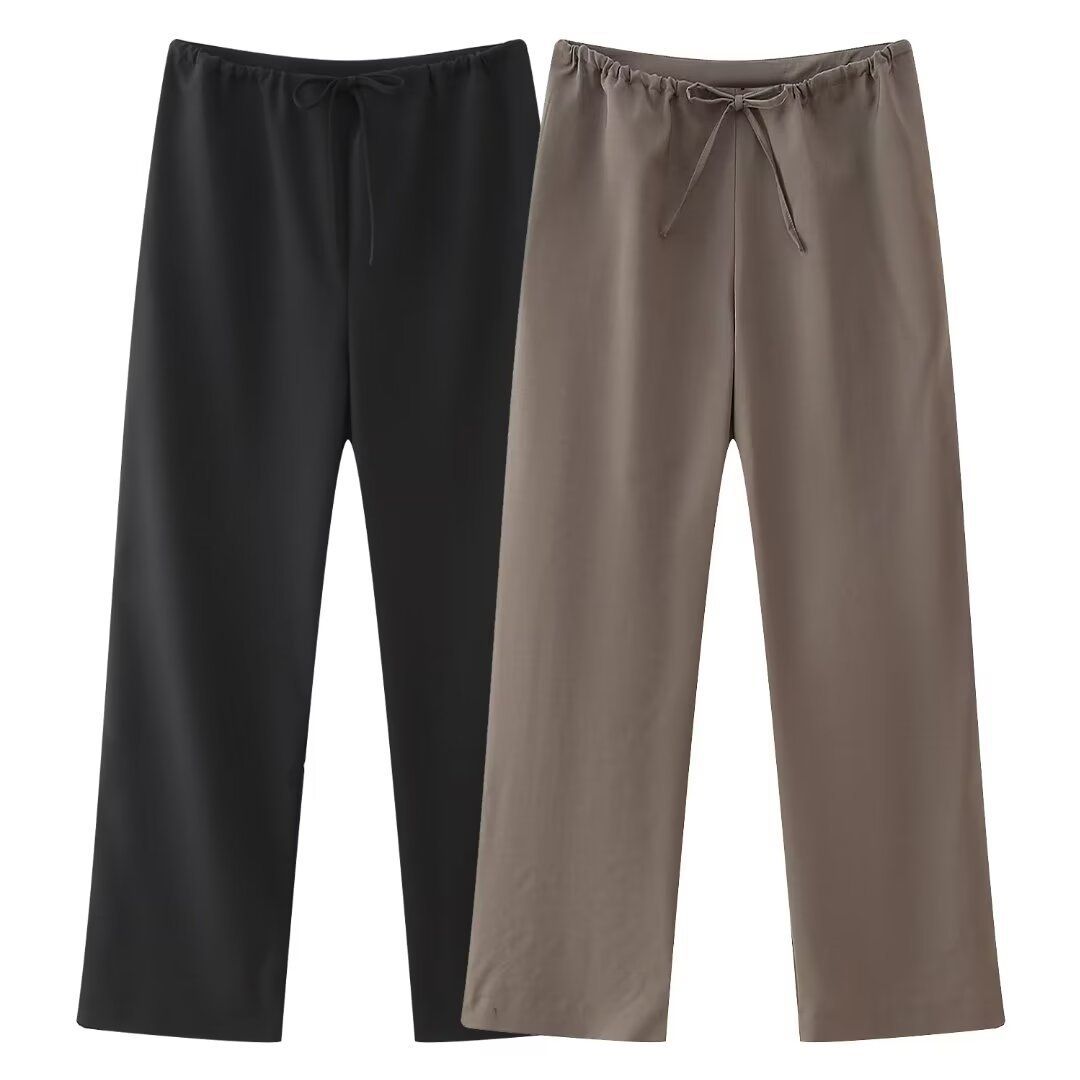 Women Fashion Two Piece Set Brown Pleated Halter Neck Tops & Straight Pants Vintage Female Chic Lady Pants Suit