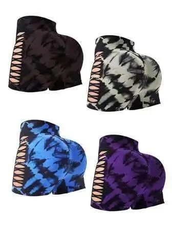 Seamless Tie Dye Shorts High Waist Fitness Shorts High Elastic Hip Liftting Workout Running Sexy Hollow Out Gym Yoga Tights