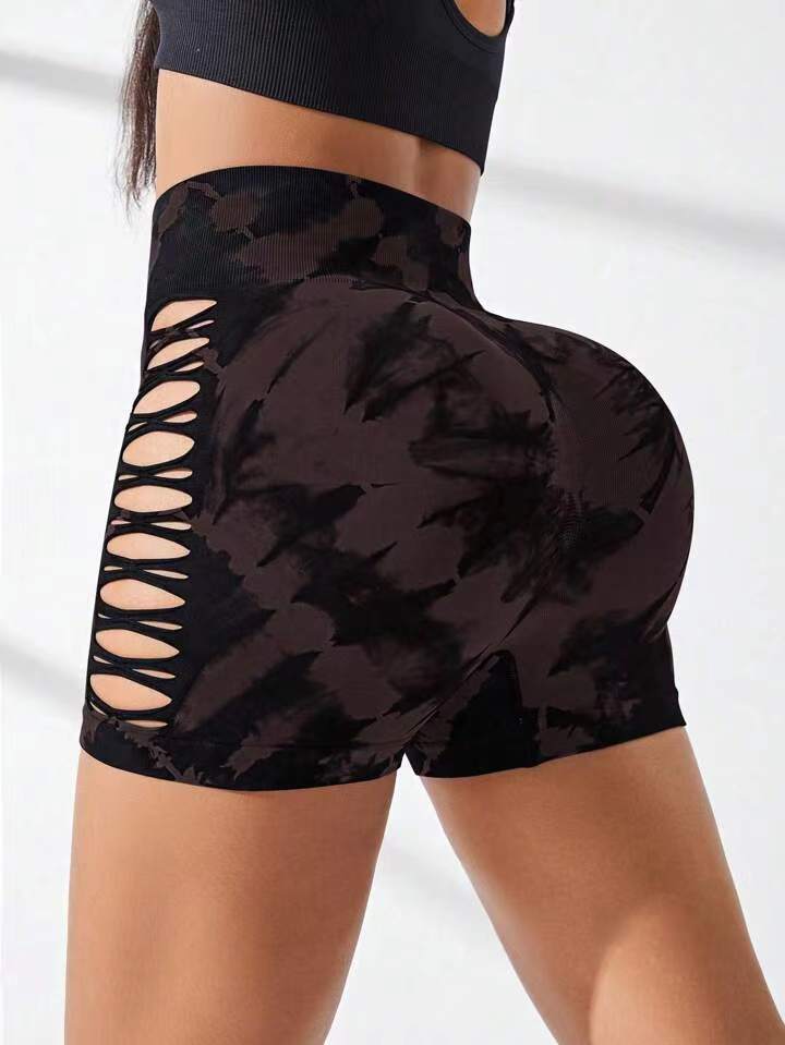 Seamless Tie Dye Shorts High Waist Fitness Shorts High Elastic Hip Liftting Workout Running Sexy Hollow Out Gym Yoga Tights