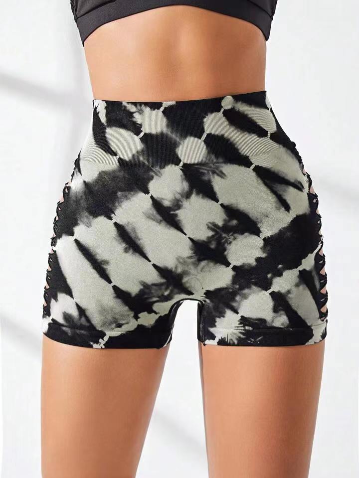 Seamless Tie Dye Shorts High Waist Fitness Shorts High Elastic Hip Liftting Workout Running Sexy Hollow Out Gym Yoga Tights
