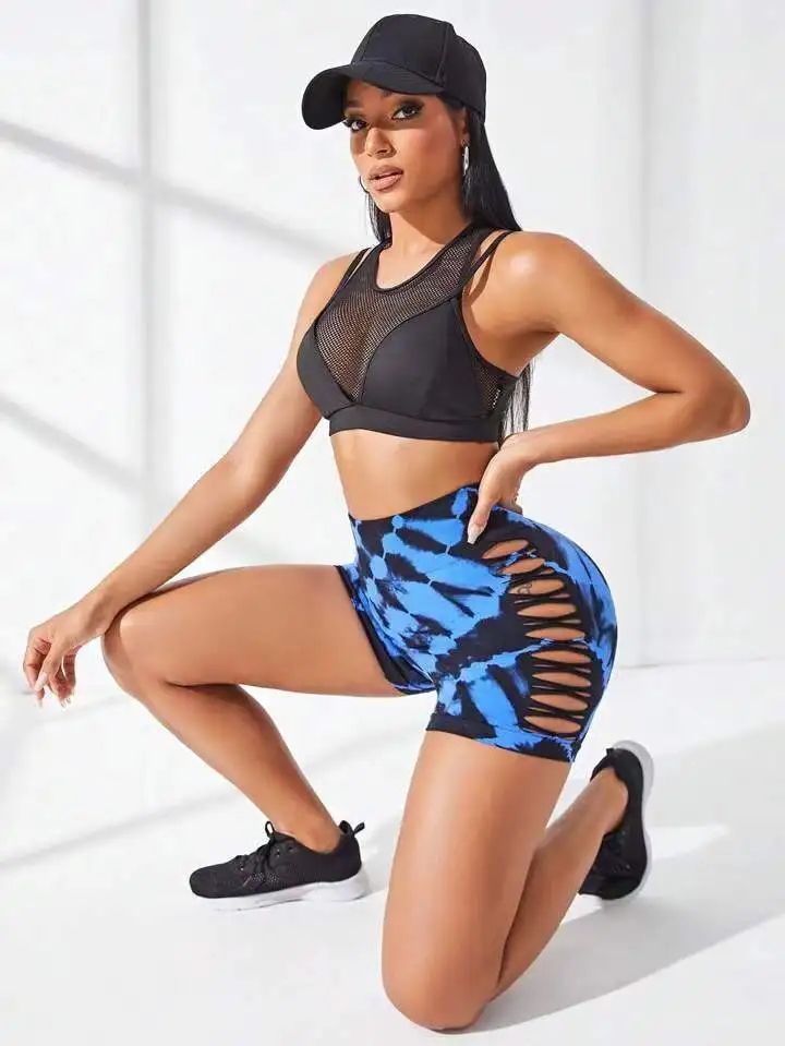 Seamless Tie Dye Shorts High Waist Fitness Shorts High Elastic Hip Liftting Workout Running Sexy Hollow Out Gym Yoga Tights