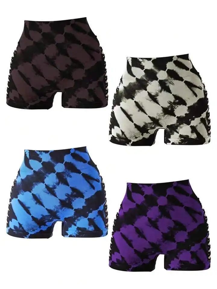 Seamless Tie Dye Shorts High Waist Fitness Shorts High Elastic Hip Liftting Workout Running Sexy Hollow Out Gym Yoga Tights