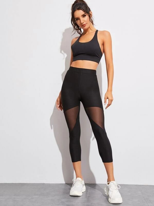 Spring and summer new mesh splicing seven pants sports yoga stretch pants running bottoms women's pants