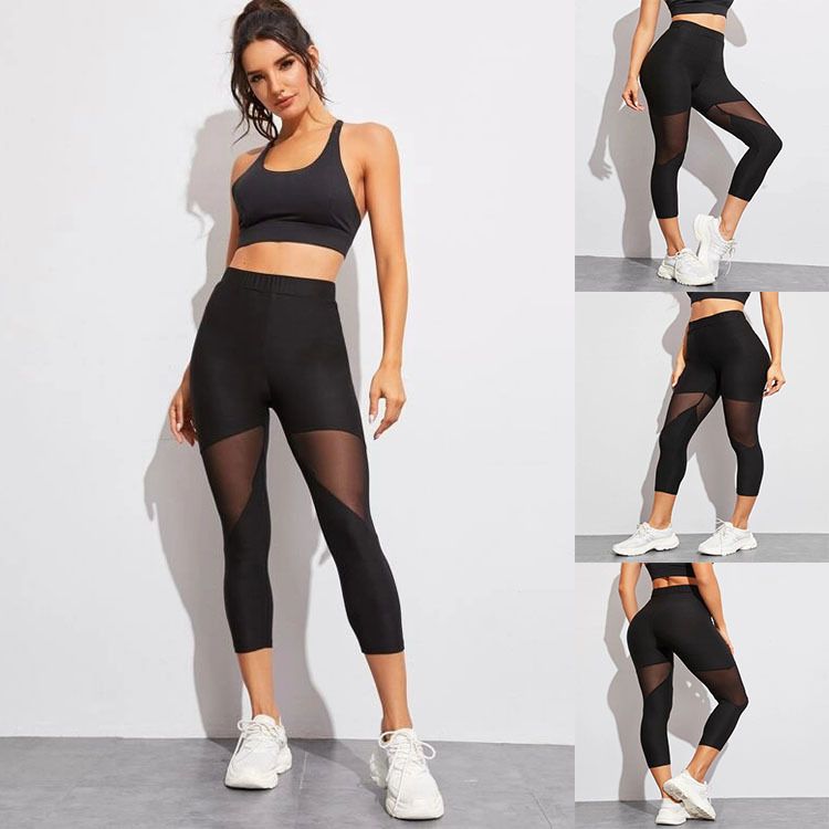 Spring and summer new mesh splicing seven pants sports yoga stretch pants running bottoms women's pants