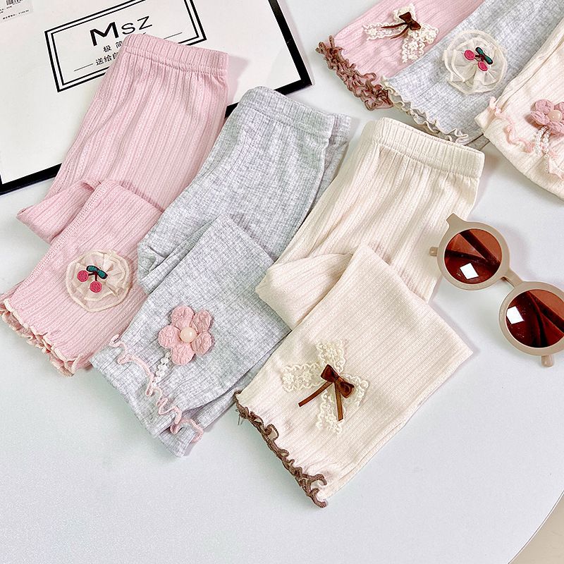Children's seven cotton bottoms summer thin section girls lace jacquard bow Slim children's pants