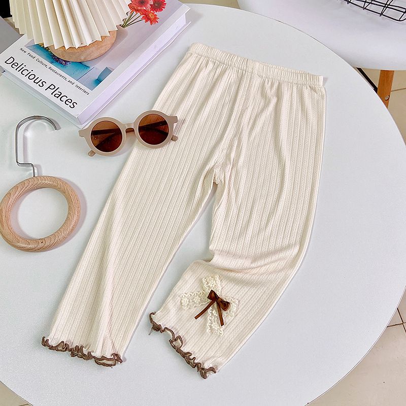Children's seven cotton bottoms summer thin section girls lace jacquard bow Slim children's pants