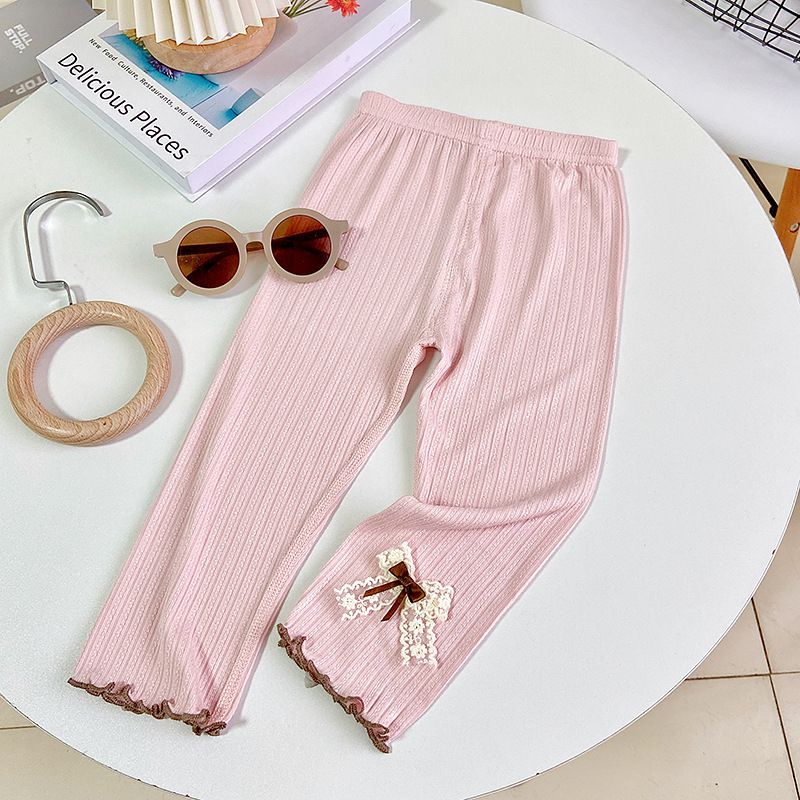 Children's seven cotton bottoms summer thin section girls lace jacquard bow Slim children's pants